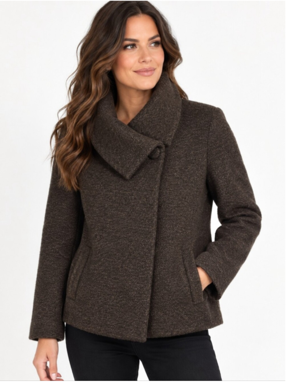 Banana Republic 100% Wool Bouclé Swing Wrap Jacket Brown Size 10